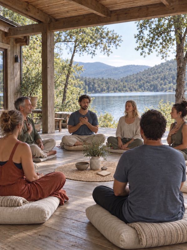 A group meditating on floor cushions on a covered wooden deck beside a lake and wooded hills