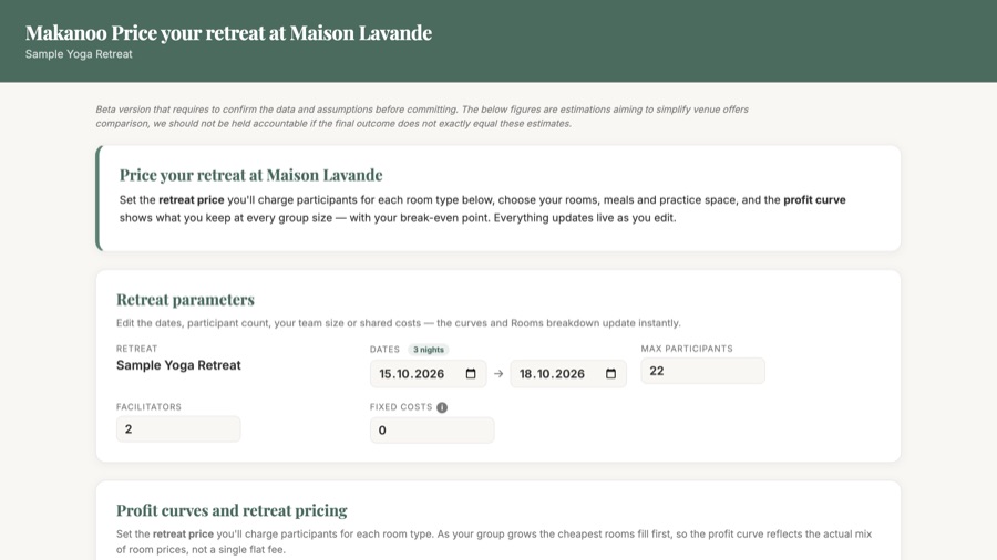 Interactive pricing page for Maison Lavande, showing live costs and yields by group size