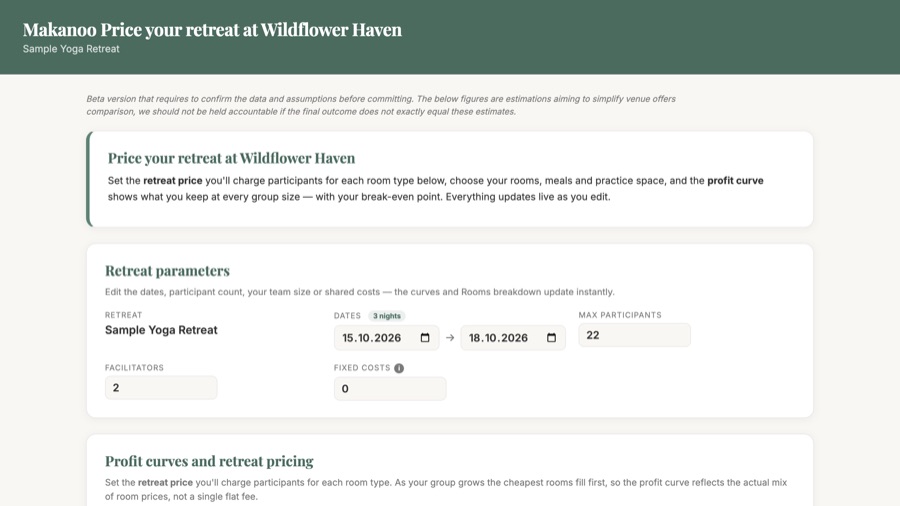 Interactive pricing page for Wildflower Haven, showing live costs and yields by group size